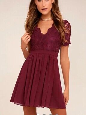 Lulu's Burgundy Lace-Top Chiffon Skater Dress